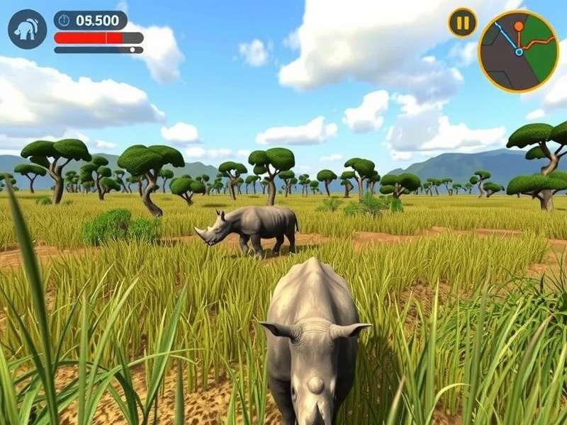 Indian Rhino Explorer gameplay screenshot showing rhino in natural habitat